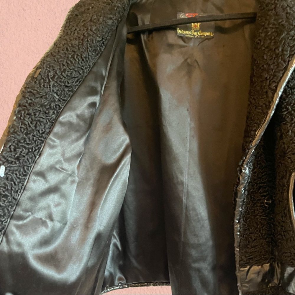 Vintage 1960s Hudson Bay black Persian lamb wool coat leather accents - Picture 8 of 16